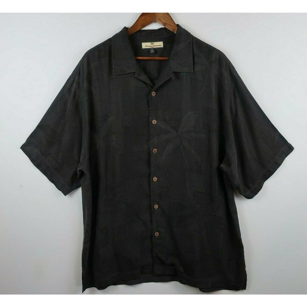 TOMMY BAHAMA Black Gray Silk Textured Palm Trees Short Sleeve Hawaiian Shirt XL